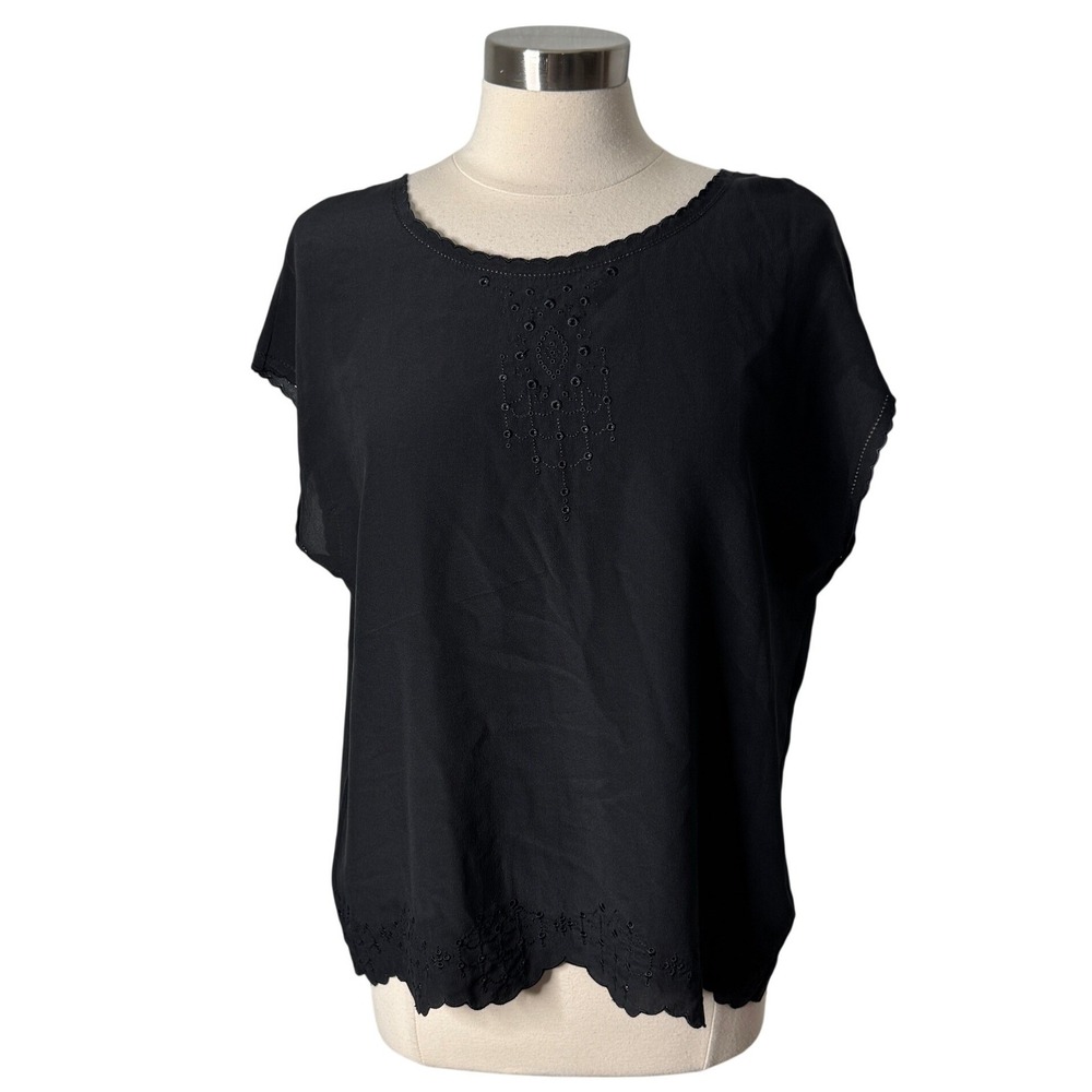 Babaton Aritzia Black Silk Eyelet Embroidered Scallop Hem Split Back Top Medium